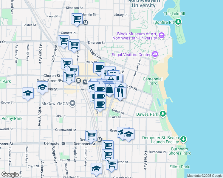 map of restaurants, bars, coffee shops, grocery stores, and more near 1608 Chicago Avenue in Evanston