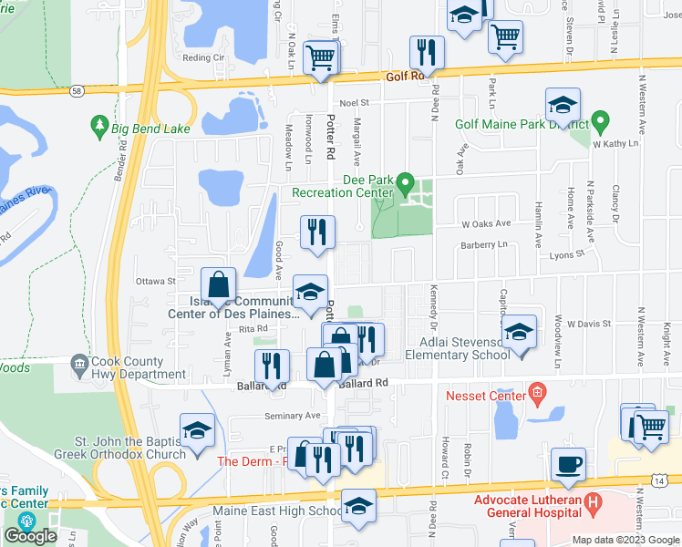 map of restaurants, bars, coffee shops, grocery stores, and more near 9375 West Church Street in Des Plaines
