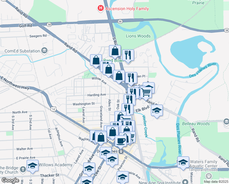 map of restaurants, bars, coffee shops, grocery stores, and more near 367 Alles Street in Des Plaines