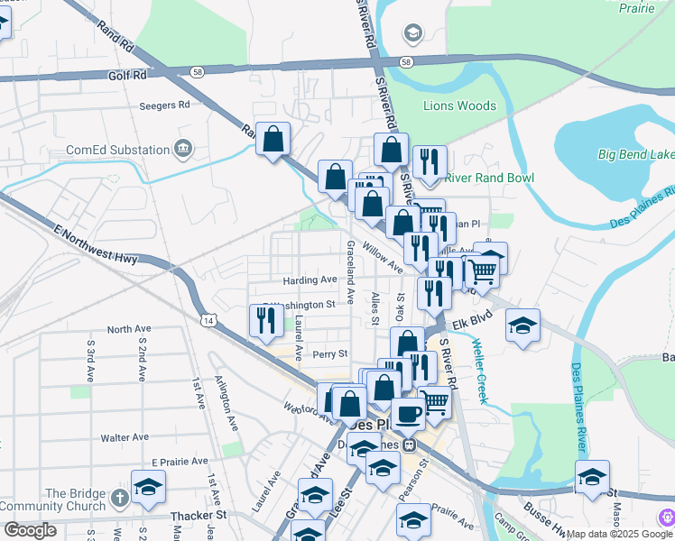 map of restaurants, bars, coffee shops, grocery stores, and more near 368 Graceland Avenue in Des Plaines
