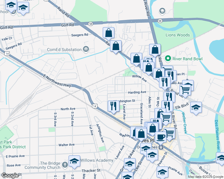 map of restaurants, bars, coffee shops, grocery stores, and more near 361 Western Avenue in Des Plaines