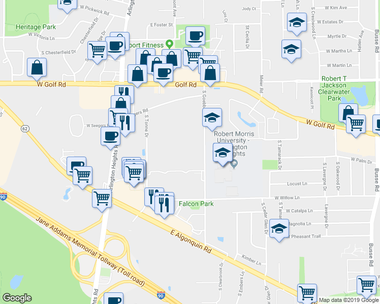 map of restaurants, bars, coffee shops, grocery stores, and more near 2134 South Goebbert Road in Arlington Heights