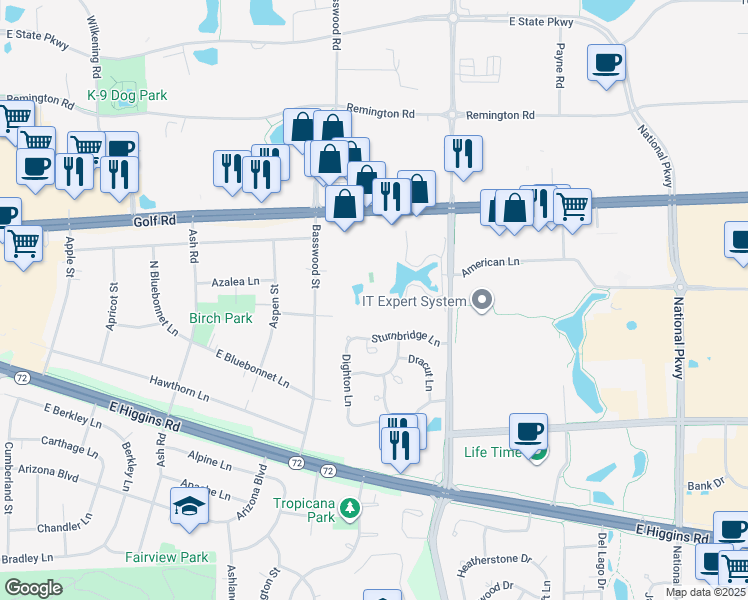 map of restaurants, bars, coffee shops, grocery stores, and more near 1012 North Plum Grove Road in Schaumburg