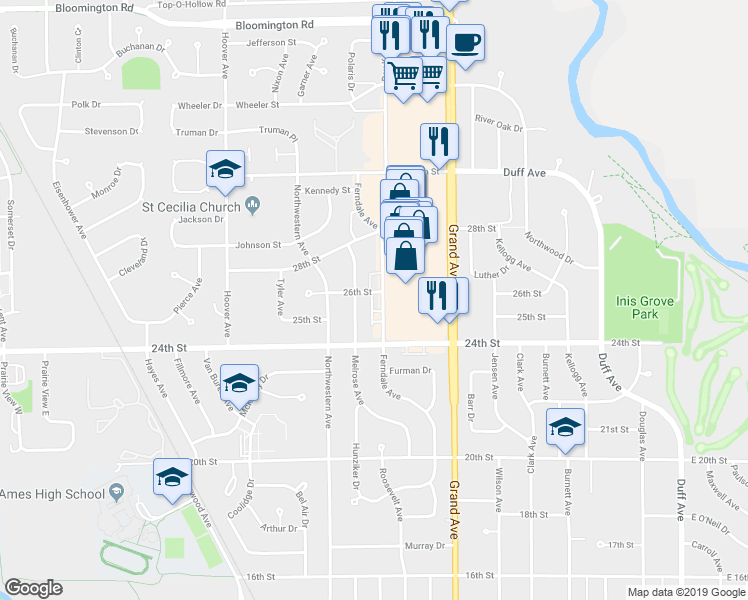 map of restaurants, bars, coffee shops, grocery stores, and more near 2503 Ferndale Avenue in Ames
