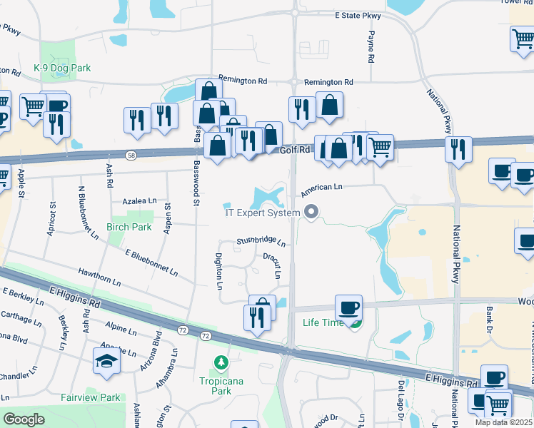 map of restaurants, bars, coffee shops, grocery stores, and more near 1004 North Plum Grove Road in Schaumburg