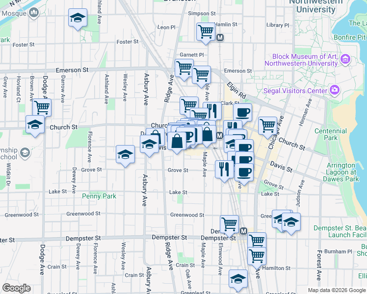 map of restaurants, bars, coffee shops, grocery stores, and more near in Evanston