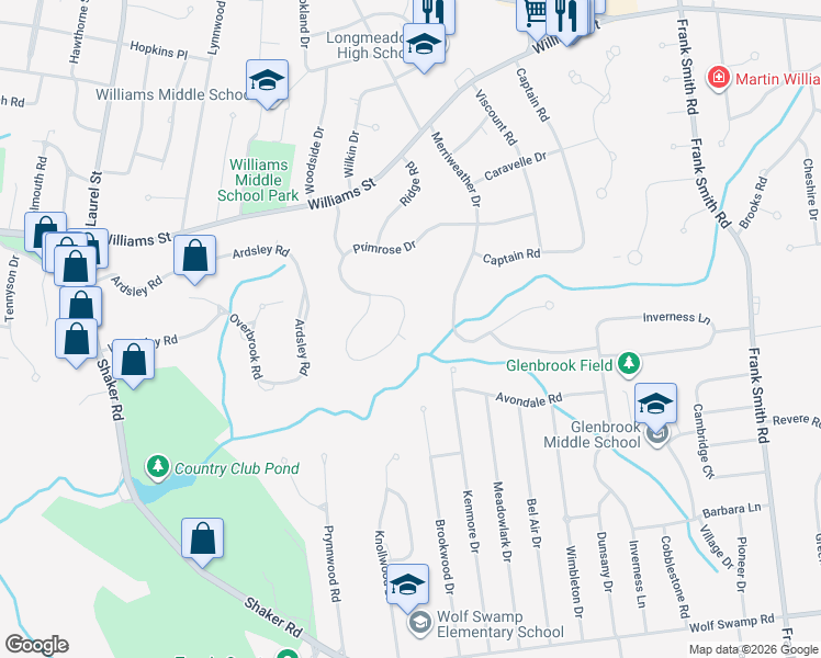 map of restaurants, bars, coffee shops, grocery stores, and more near 84 Magnolia Circle in Longmeadow