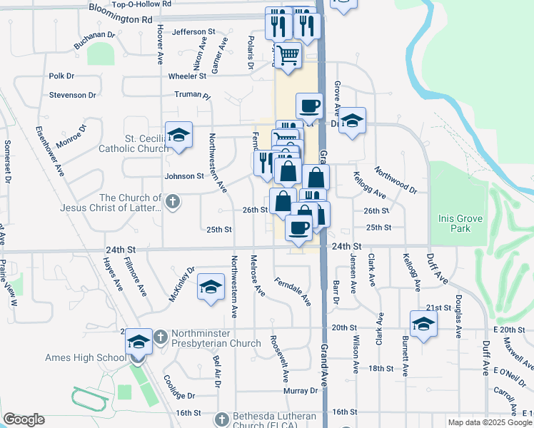 map of restaurants, bars, coffee shops, grocery stores, and more near 1004 26th Street in Ames