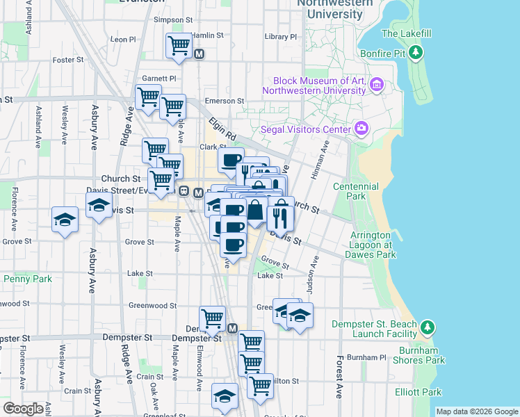 map of restaurants, bars, coffee shops, grocery stores, and more near 1630 Chicago Avenue in Evanston