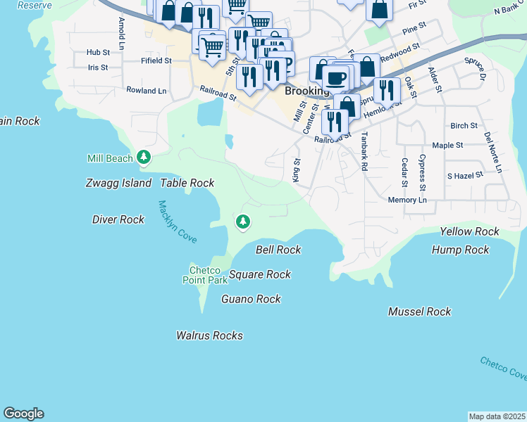 map of restaurants, bars, coffee shops, grocery stores, and more near 846 Chetco Point Terrace in Brookings