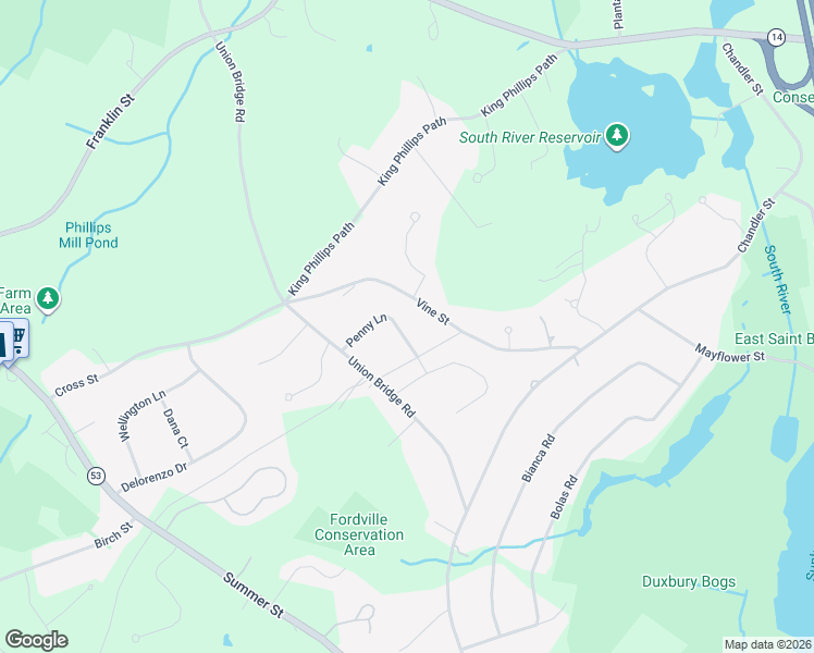 map of restaurants, bars, coffee shops, grocery stores, and more near 56 Penny Lane in Duxbury