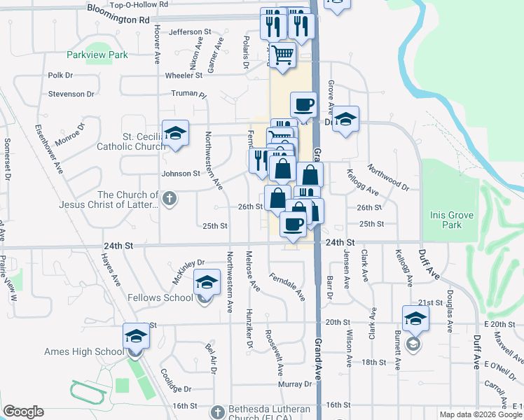 map of restaurants, bars, coffee shops, grocery stores, and more near 2503 Ferndale Avenue in Ames