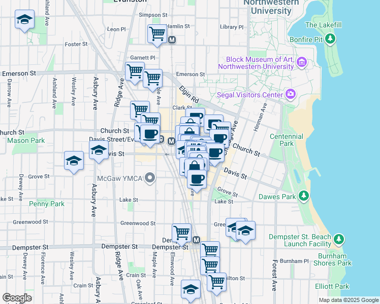 map of restaurants, bars, coffee shops, grocery stores, and more near 1600 Sherman Avenue in Evanston