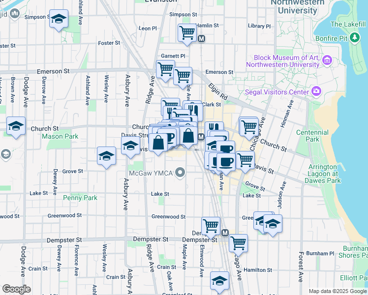 map of restaurants, bars, coffee shops, grocery stores, and more near 1003 Davis Street in Evanston