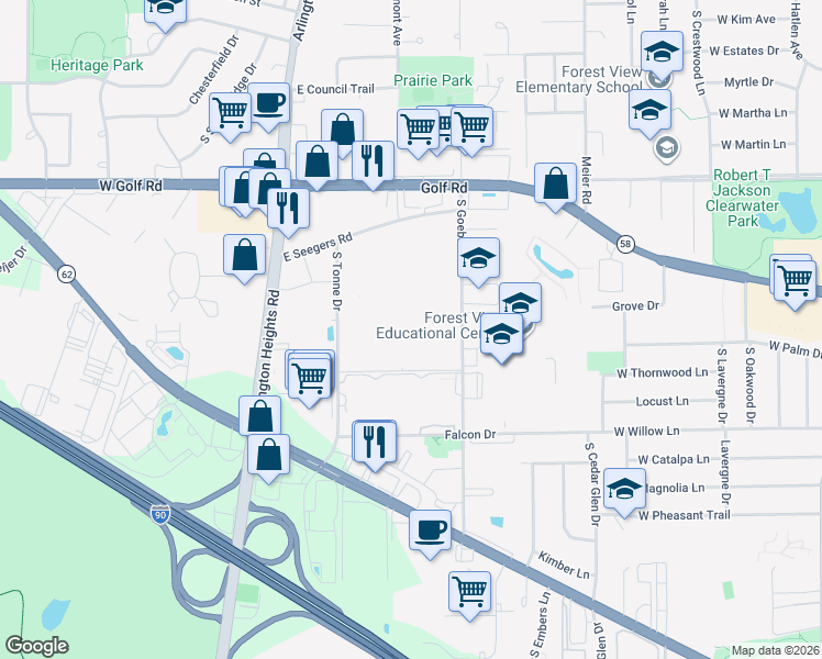 map of restaurants, bars, coffee shops, grocery stores, and more near 2160 South Goebbert Road in Arlington Heights