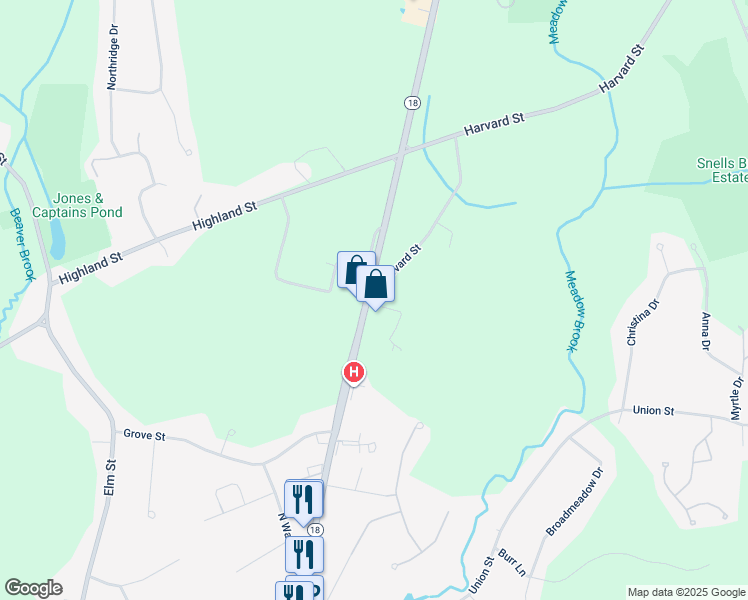map of restaurants, bars, coffee shops, grocery stores, and more near 503 North Bedford Street in East Bridgewater