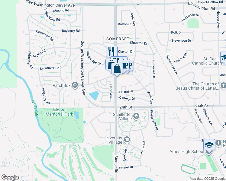 map of restaurants, bars, coffee shops, grocery stores, and more near 2603 Stange Road in Ames