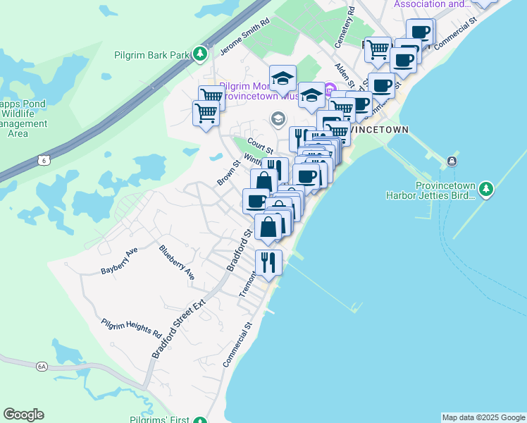 map of restaurants, bars, coffee shops, grocery stores, and more near 10 Montello Street in Provincetown