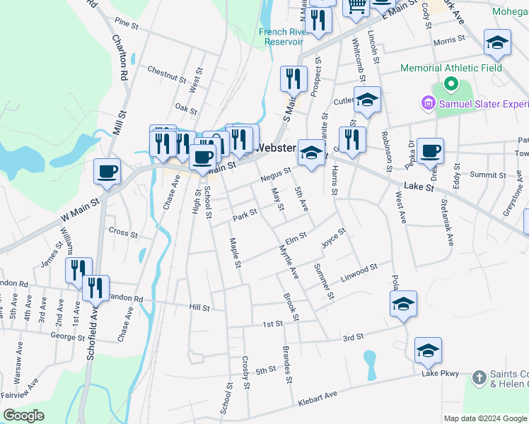 map of restaurants, bars, coffee shops, grocery stores, and more near 33 Myrtle Avenue in Webster