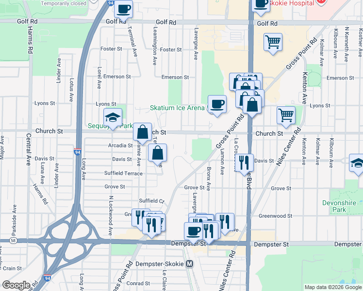 map of restaurants, bars, coffee shops, grocery stores, and more near 9100 Lawler Avenue in Skokie