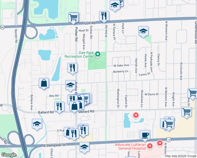 map of restaurants, bars, coffee shops, grocery stores, and more near 9275 West Church Street in Des Plaines