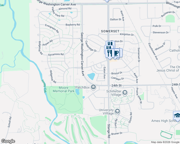 map of restaurants, bars, coffee shops, grocery stores, and more near 2806 Bristol Drive in Ames