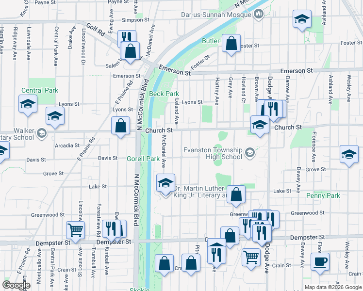 map of restaurants, bars, coffee shops, grocery stores, and more near 1601 Davis Street in Evanston