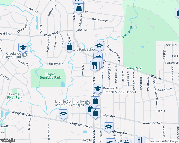 map of restaurants, bars, coffee shops, grocery stores, and more near 1425 Eagle Road in Elgin