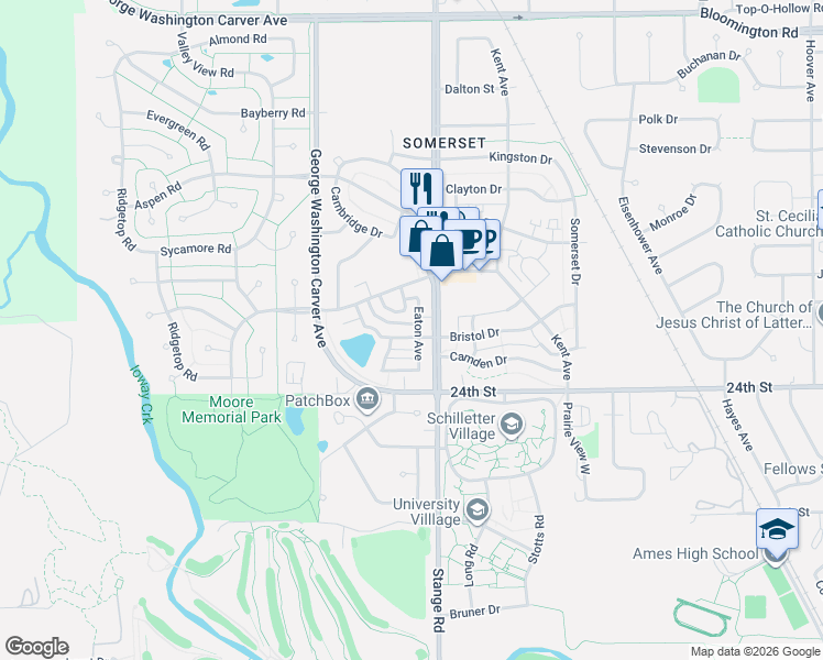 map of restaurants, bars, coffee shops, grocery stores, and more near 2422 Bradford Drive in Ames