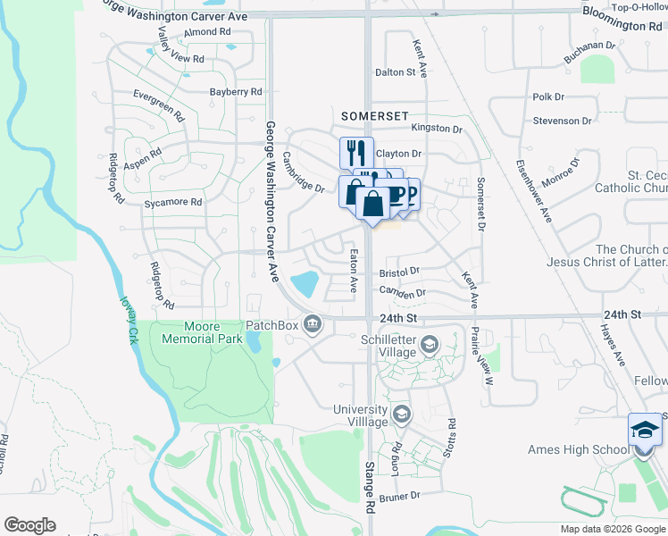 map of restaurants, bars, coffee shops, grocery stores, and more near 2422 Bradford Drive in Ames