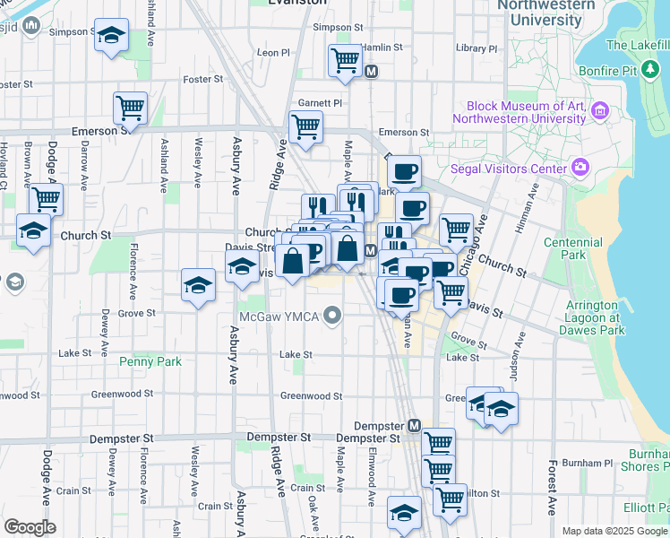 map of restaurants, bars, coffee shops, grocery stores, and more near 1572 Elmwood Avenue in Evanston