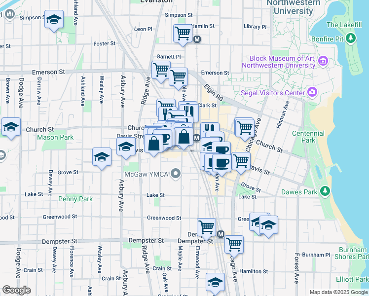 map of restaurants, bars, coffee shops, grocery stores, and more near 1572 Elmwood Avenue in Evanston