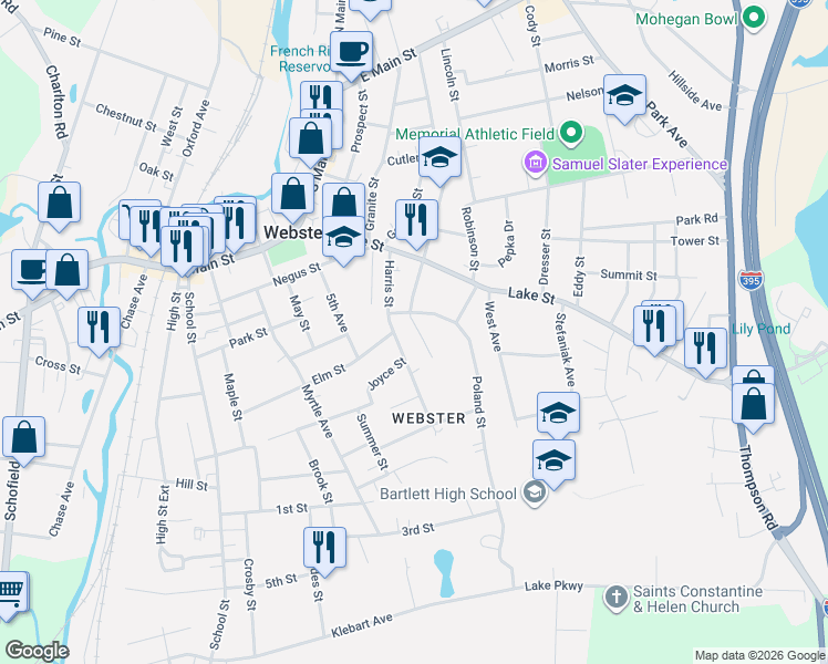 map of restaurants, bars, coffee shops, grocery stores, and more near 35 Harris Street in Webster
