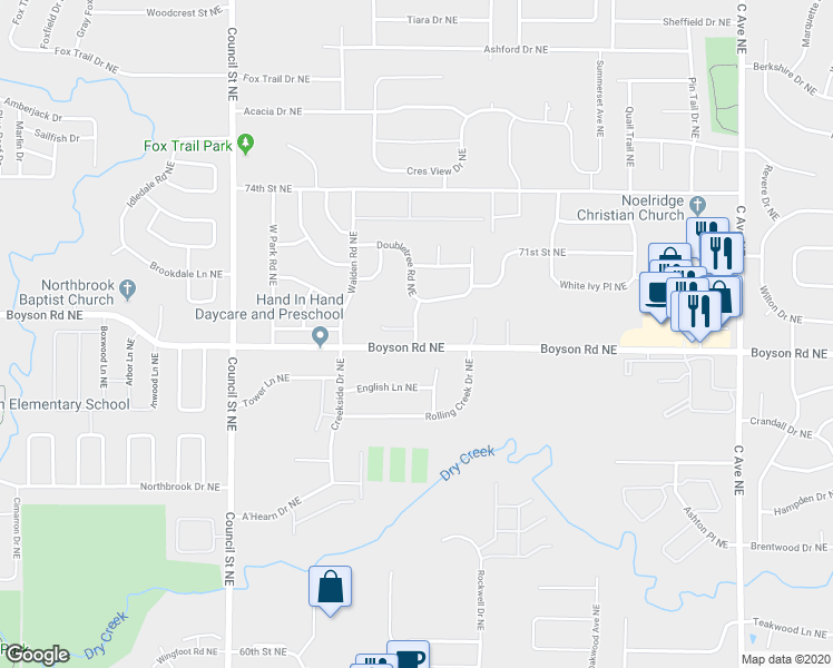 map of restaurants, bars, coffee shops, grocery stores, and more near 6974 Doubletree Road Northeast in Cedar Rapids