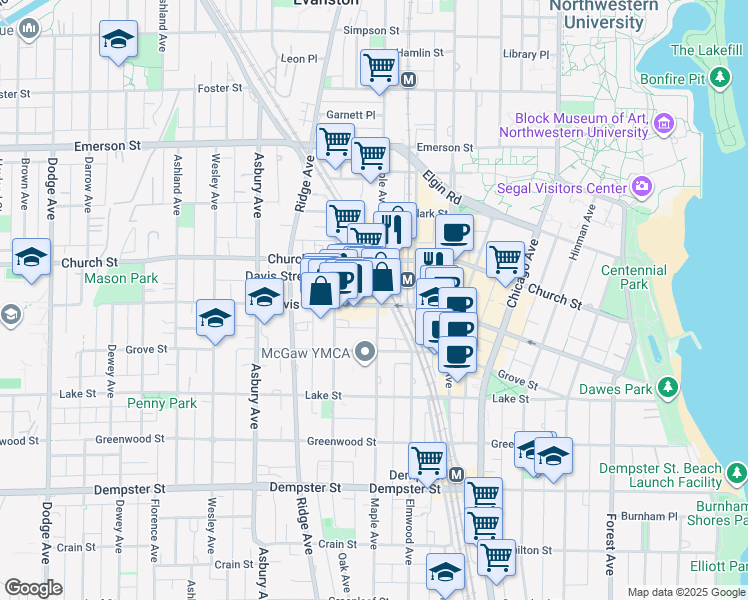 map of restaurants, bars, coffee shops, grocery stores, and more near 1001 Davis Street in Evanston