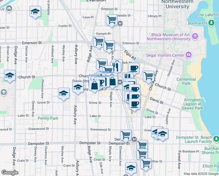 map of restaurants, bars, coffee shops, grocery stores, and more near 1001 Davis Street in Evanston