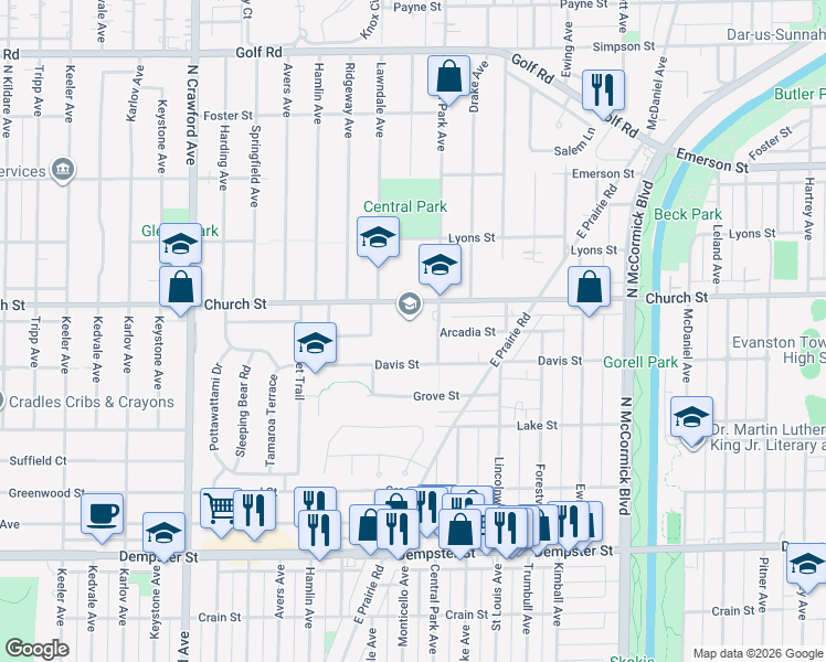 map of restaurants, bars, coffee shops, grocery stores, and more near 3601 Church Street in Evanston