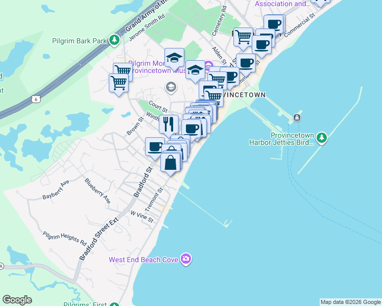 map of restaurants, bars, coffee shops, grocery stores, and more near 165 Commercial Street in Provincetown