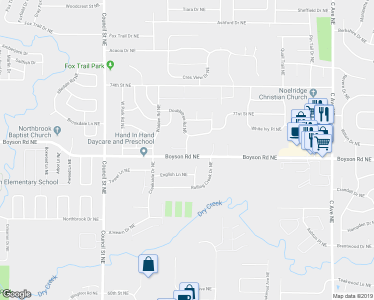map of restaurants, bars, coffee shops, grocery stores, and more near 6976 Doubletree Road Northeast in Cedar Rapids