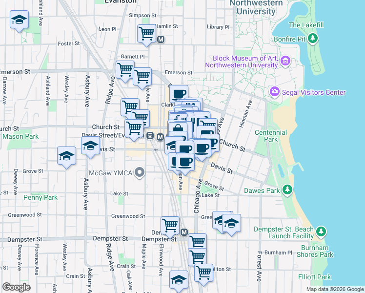 map of restaurants, bars, coffee shops, grocery stores, and more near 1638 Orrington Avenue in Evanston