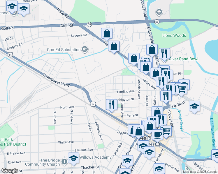 map of restaurants, bars, coffee shops, grocery stores, and more near 1212 Evergreen Avenue in Des Plaines