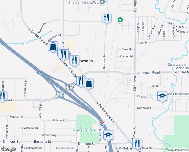 map of restaurants, bars, coffee shops, grocery stores, and more near 745 Kainz Drive in Hiawatha