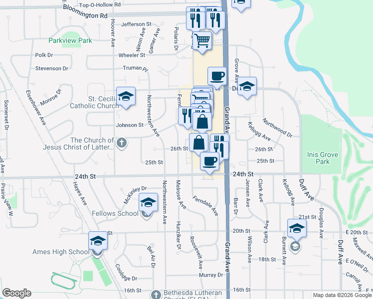 map of restaurants, bars, coffee shops, grocery stores, and more near 2619 Ferndale Avenue in Ames
