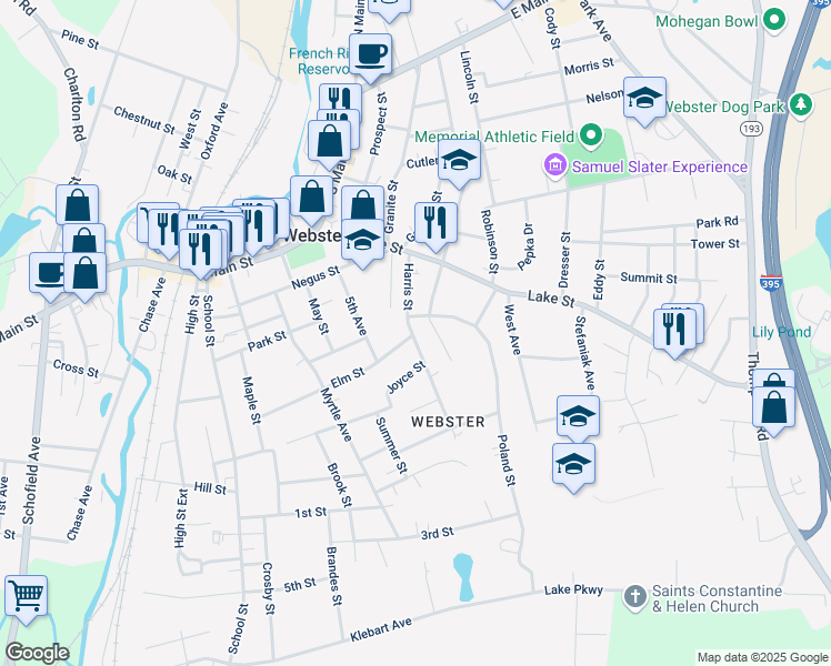 map of restaurants, bars, coffee shops, grocery stores, and more near 27 Harris Street in Webster