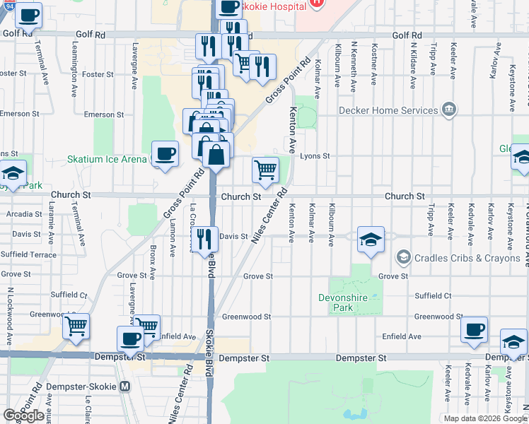 map of restaurants, bars, coffee shops, grocery stores, and more near 9138 Niles Center Road in Skokie