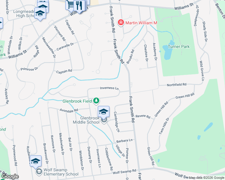 map of restaurants, bars, coffee shops, grocery stores, and more near 424 Inverness Lane in Longmeadow