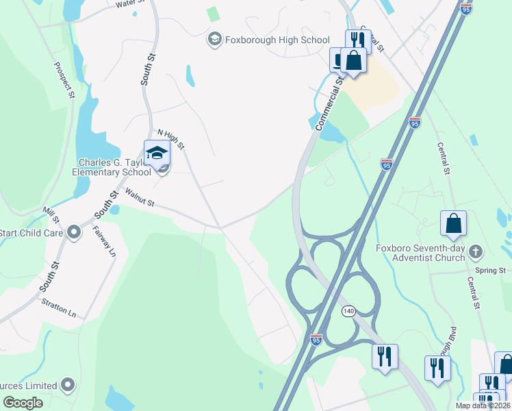 map of restaurants, bars, coffee shops, grocery stores, and more near 28 North High Street in Foxborough