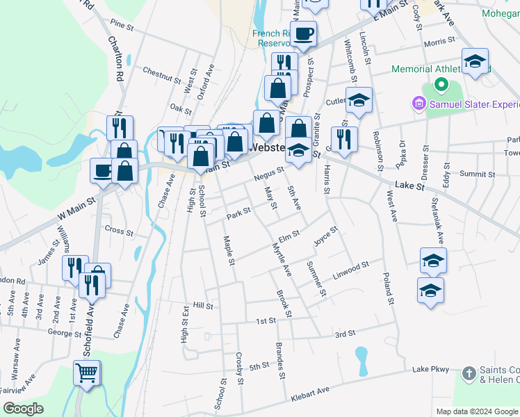 map of restaurants, bars, coffee shops, grocery stores, and more near 11 May Street in Webster