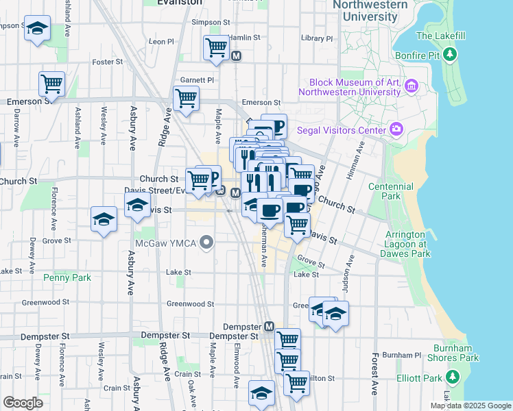 map of restaurants, bars, coffee shops, grocery stores, and more near 1620 N Sherman Avenue in Evanston