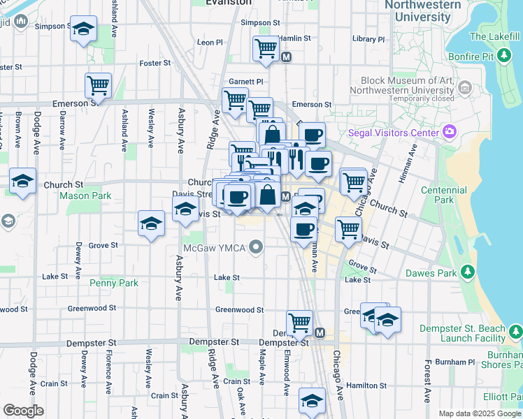 map of restaurants, bars, coffee shops, grocery stores, and more near 1630 Maple Avenue in Evanston